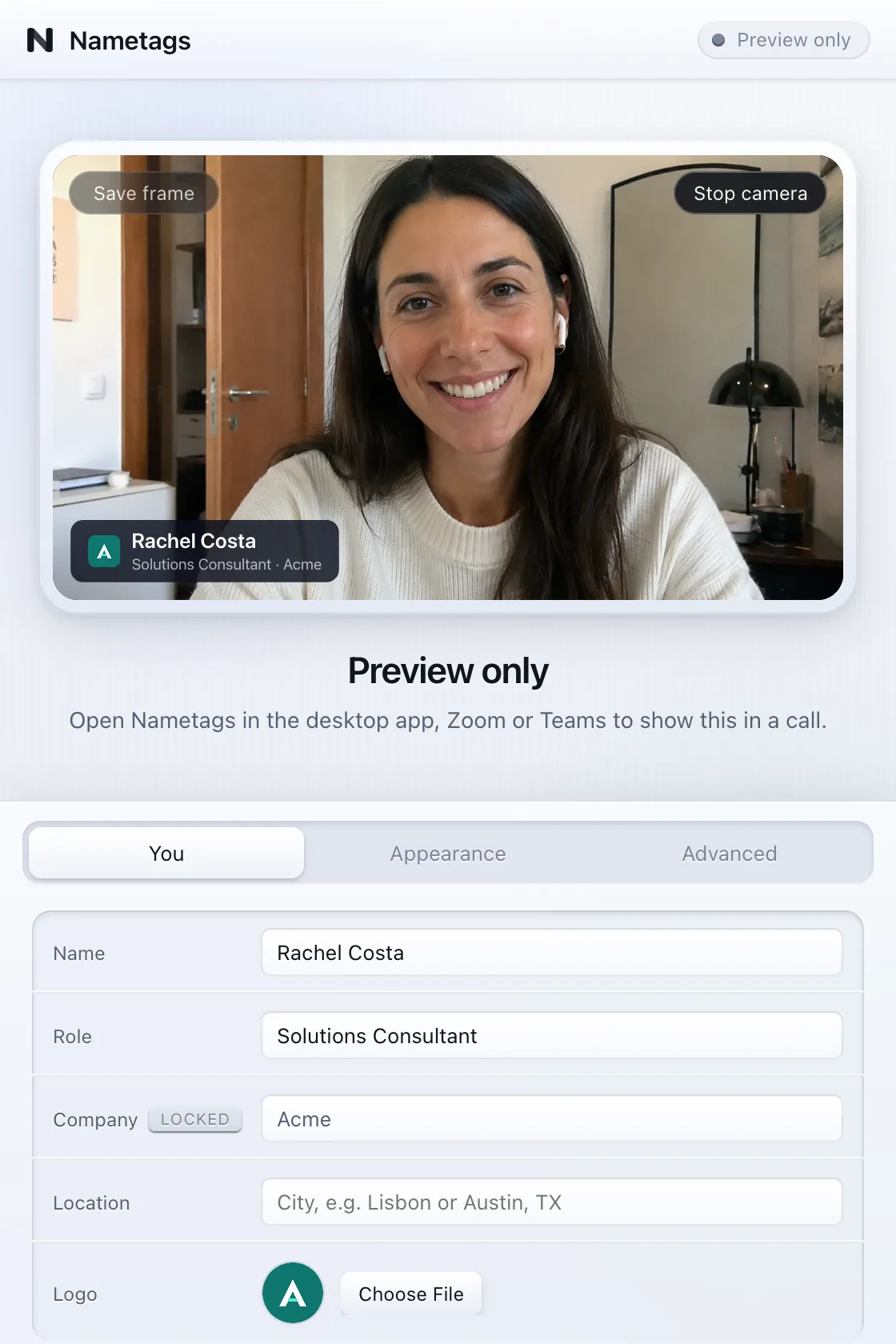 The Nametags app on the You tab, with a live preview of the tag on camera