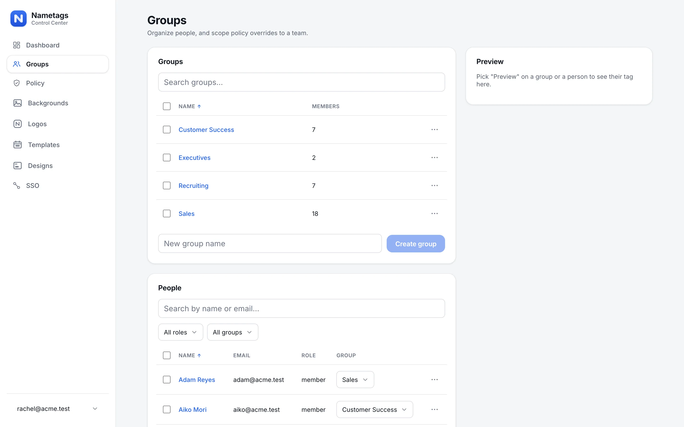 The Groups page in Control Center, listing groups and people