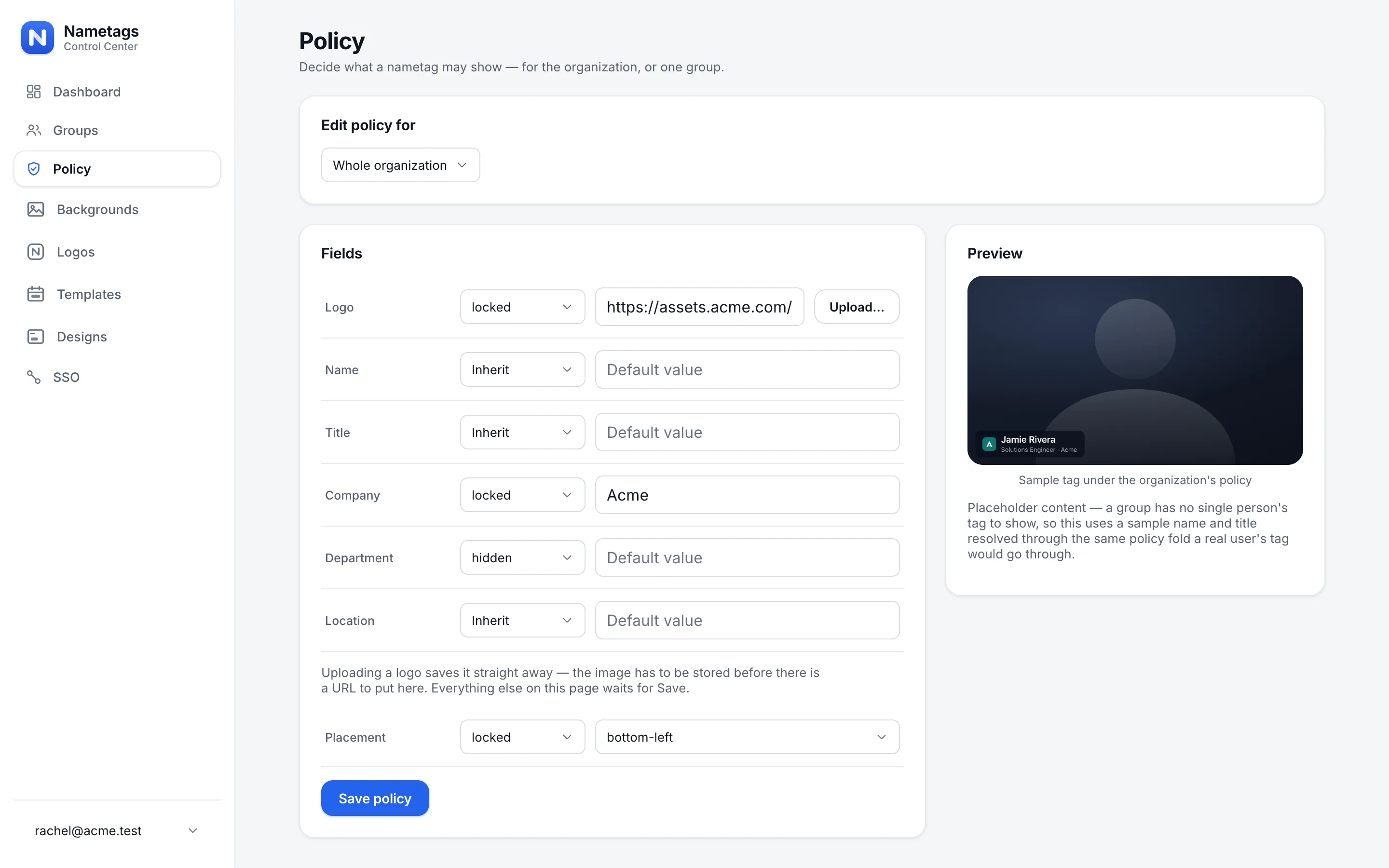 The Policy page in Control Center, with the logo and company locked and department hidden