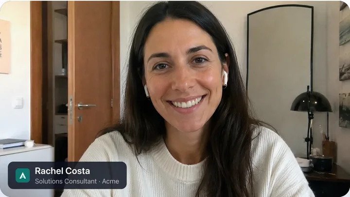 A video call with a nametag reading Rachel Costa, Solutions Consultant, Acme