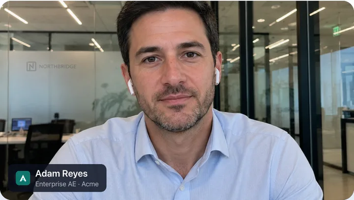 A video call with a nametag reading Adam Reyes, Enterprise AE, Acme